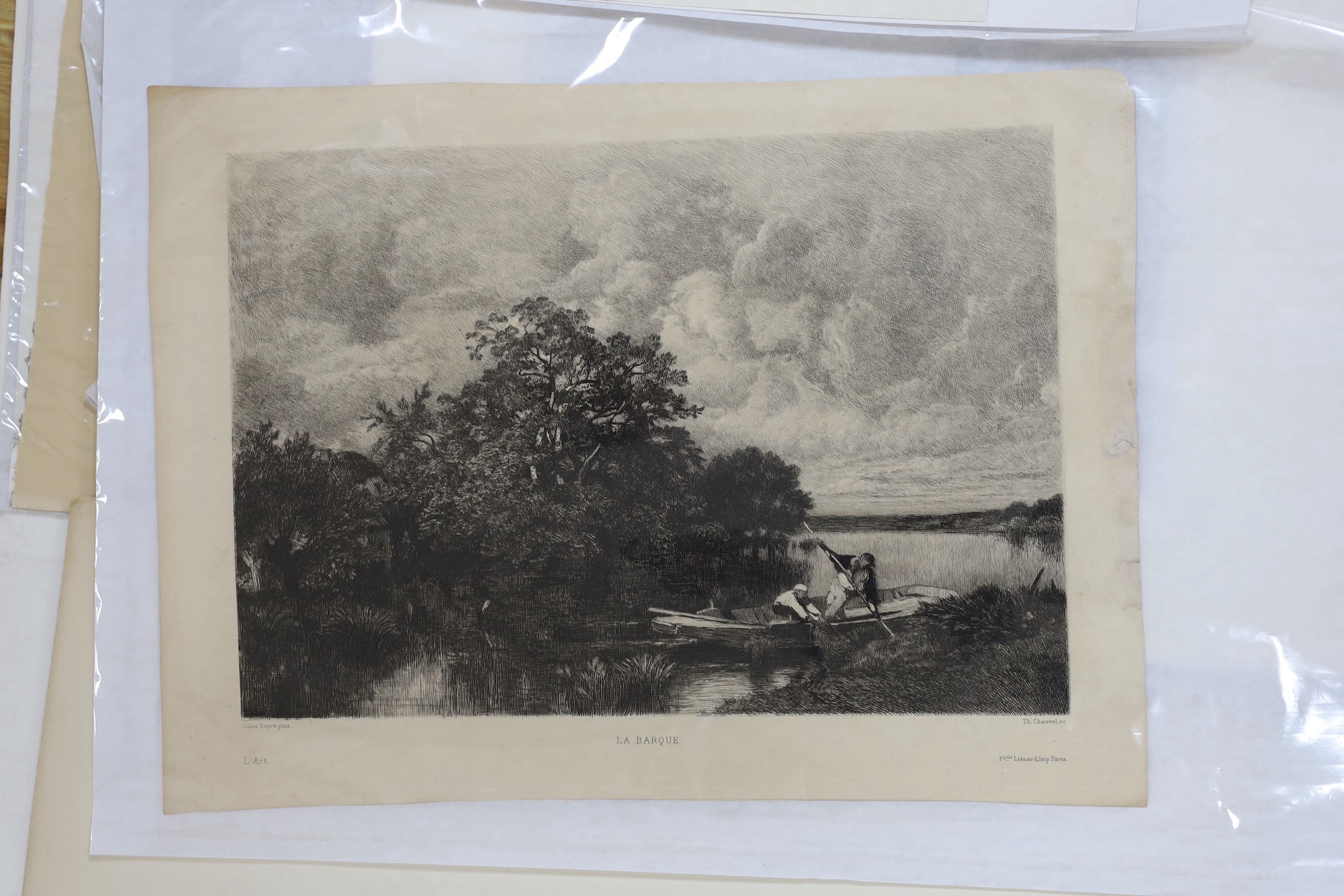 A folio of assorted prints, including an A. Legros etching, a Brangwyn autolithograph - The Mine and La Thangue lithograph